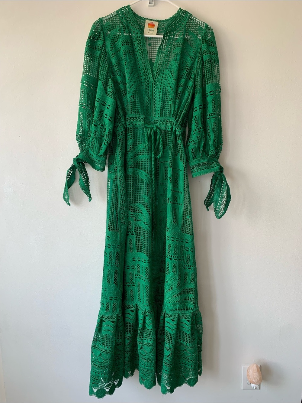 Farm Rio Guipure Morada Boa Eyelet Crochet Long Sleeve Maxi Dress Gown Green